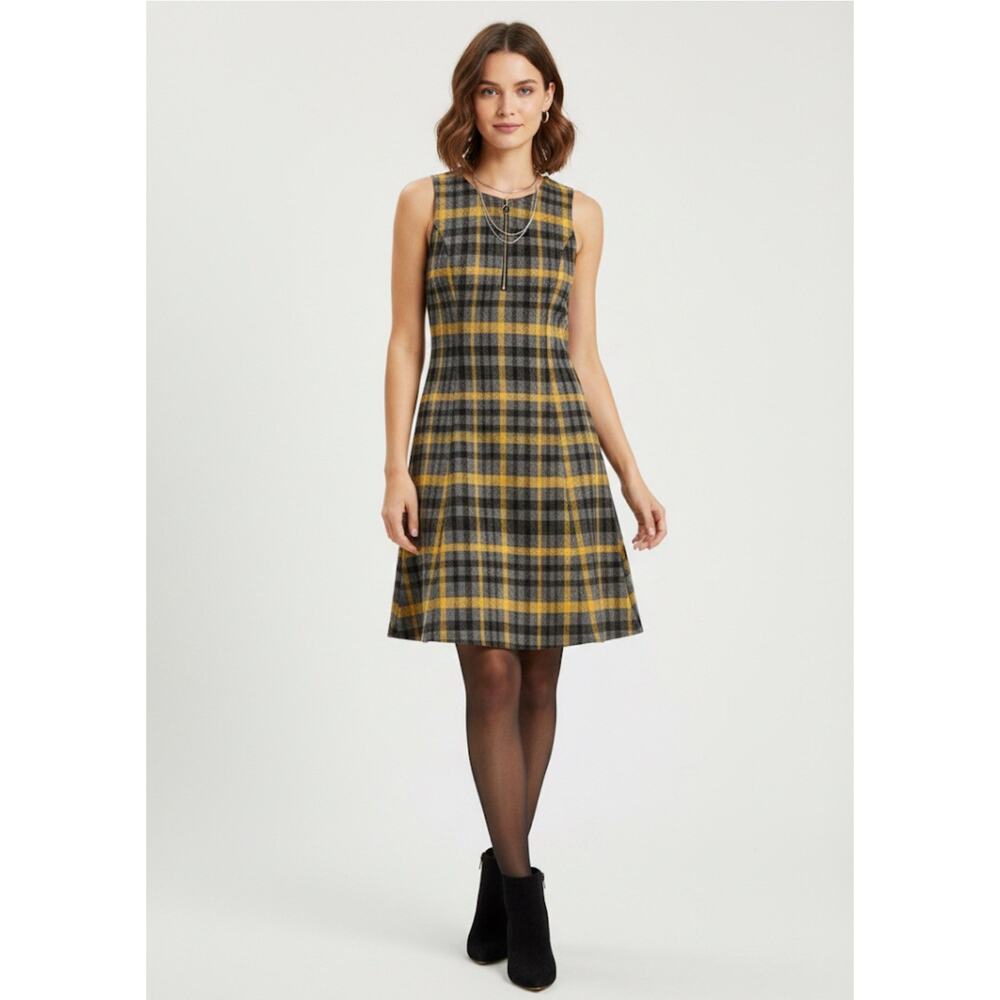 NWT London Times Tweed Zipper Sleeveless Dress Grey Dijon Plaid Women’s Size 10